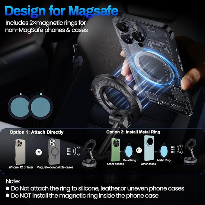 Jikasho Vacuum Magnetic Car Phone Holder for Magsafe, Hands-Free 360° Adjustable Suction Cup Phone Mount for Car/Gym/Mirror/Smooth Surface, Compatible with iPhone & Android (Stellar Gray)