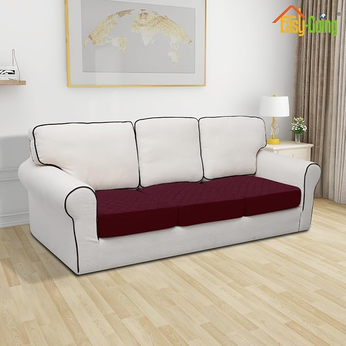 Easy-Going Waterproof Couch Cushion Covers, Non-Slip Leakproof Sofa Seat Cushion Slipcovers, Quilted and Stretch Furniture Protector for Dogs, Pets (3-Piece Sofa Cushion, Wine)