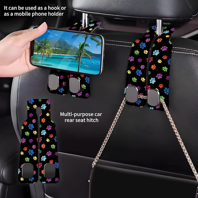 Car Seat Back Storage Headrest Hook, Premium Leather Double Metal Hook, Hanger Storage Organizer for Purse Cloth Bag, Car Interior Accessories Colorful Dog Paws