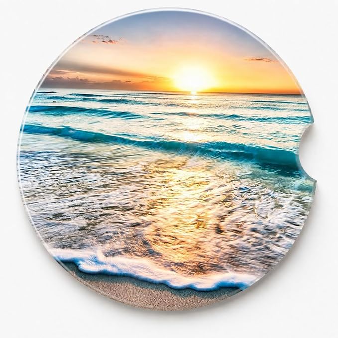 2Pack Car Cup Holder Coasters Absorbent Ceramic Coaster 2.56" for Women & Men Wave Beach Sunset Car Accessories