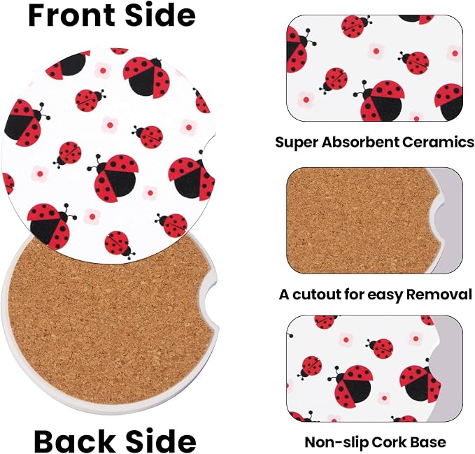 2 Pack Ladybug Car Coasters for Women Car Cup Holder Coasters, 2.63 Inch Anti Slip Ceramic Absorbent Coaster with Cork Base and Finger Notch, Cute Car Accessories Interior