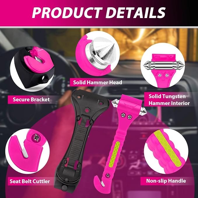 2-in-1 Car Emergency Escape Tool, Glass Window Breaker with Seatbelt Cutter, One Second Quick Release Safety Hammer for Car and Office Use -Pink
