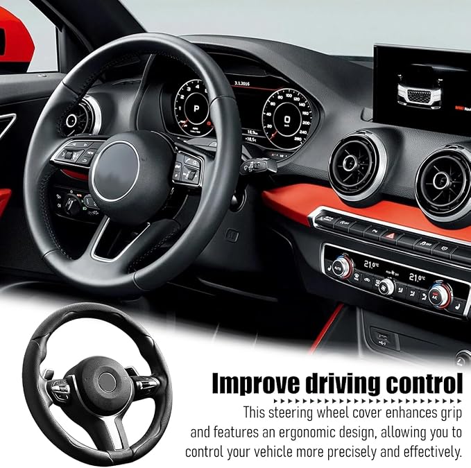 3PCS Car Steering Wheel Cover, 14.5-15" Breathable Nappa Leather Segmented Steering Wheel Protector with Non-Slip Grip, Stylish Auto Interior Decor Accessories, Universal for Vehicles (Black)