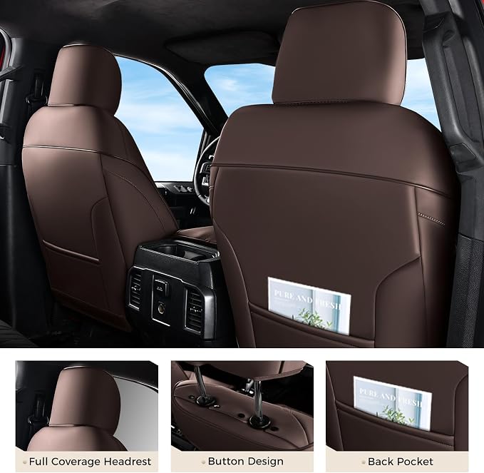 Coverado Premium Leather Full Set Seat Covers Waterproof Heavy-Duty Protectors Custom Fit for Ford F150 (2015-2026) F250/F350/F450 (2017-2026)-Coffee, Vintage Style, Scratch-Resistant