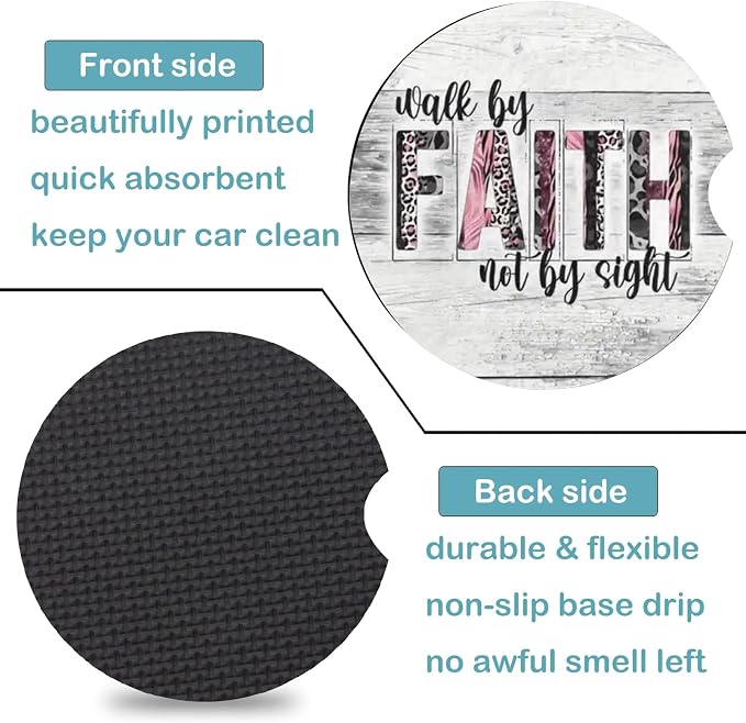 2 Pack Christian Car Cup Holder Coasters Universal Neoprene Coasters | 2.75" Universal Size Anti Slip Rubber Mat, Auto Cup Holder Accessories for SUV Truck, Walk by Faith Gifts for Women Men