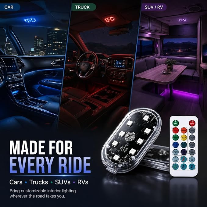 Magnetic LED Interior Car Lights, 8 Colors RGB Wireless Ambient Nightlight | USB Rechargeable Strobe Lighting with Remote & Touch Control, Vehicle Decor for Footwell Door Dash Glove Box – Car Truck SUV