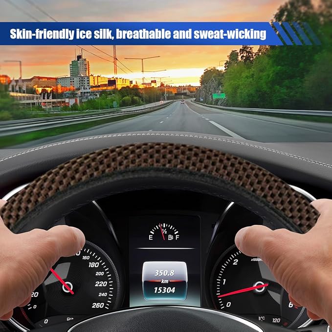 Elastic Stretch Steering Wheel Cover, for Men Women (Coffee) | 15" Breathable Microfiber Ice Silk Steering Wheel Protector, Universal Anti-Slip Warm in Winter&Cool in Summer Car Accessory