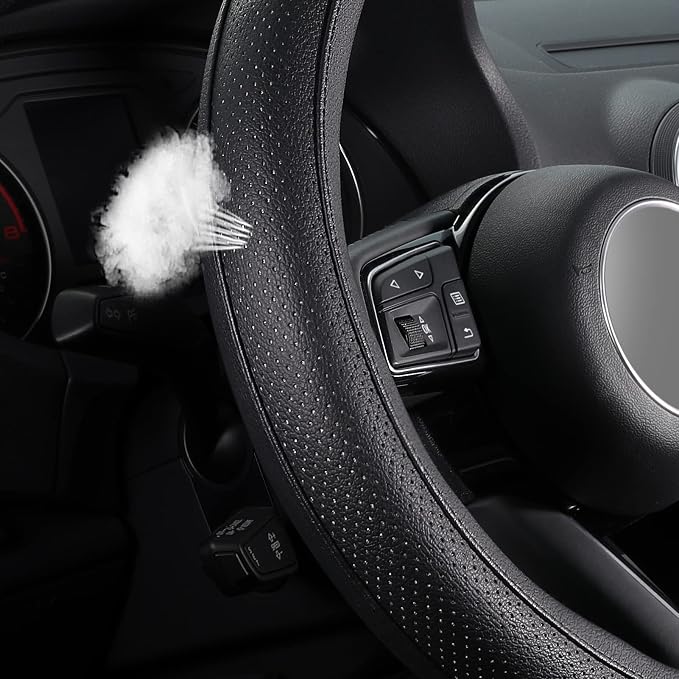 SEG Direct Car Steering Wheel Cover for F-150 Tundra Range Rover Large Size 15.5-16 inch (39.5-41cm) Black Breathable Microfiber Leather