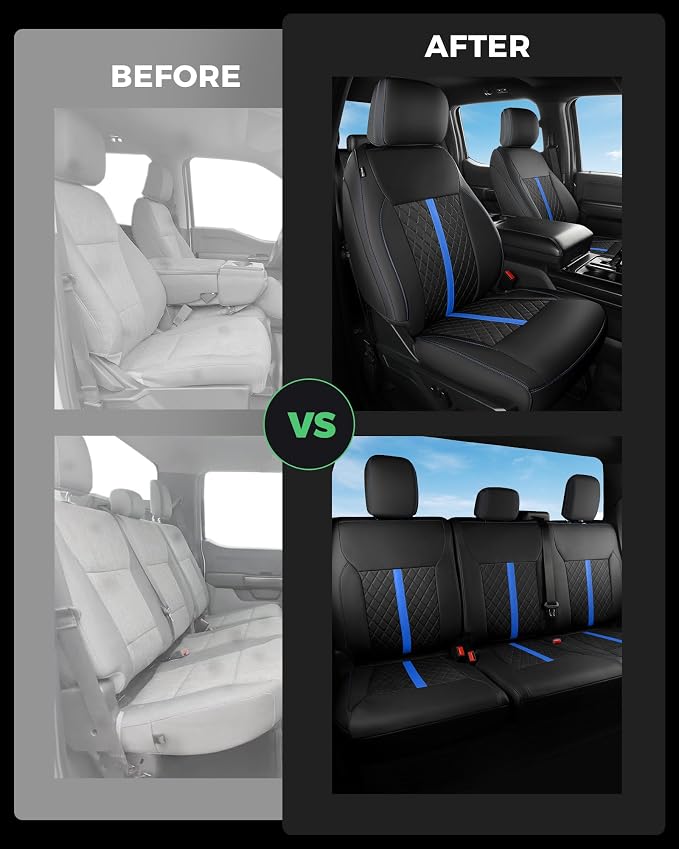 for Ford F150 Leather Seat Covers, SuperCrew XL XLT 2021-2026, F250 F350 F450 Super Duty Crew Cab 2023-2026, Custom Truck Seat Cover Full Set, Pickup Accessories, Black Blue (Bucket Seat)