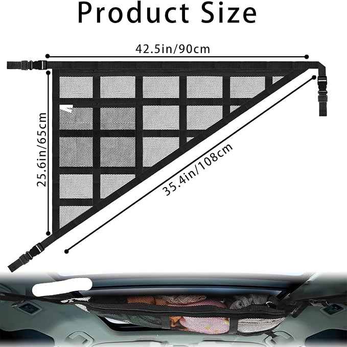Car Ceiling Cargo Net for SUV & Van, Black, 1 Count | Overhead Storage Organizer, 3 Handles, Dual Layer Roof Rack, Fits Ford F150/Jeep/CRV/RAV4, Camping & Road Trip Gear