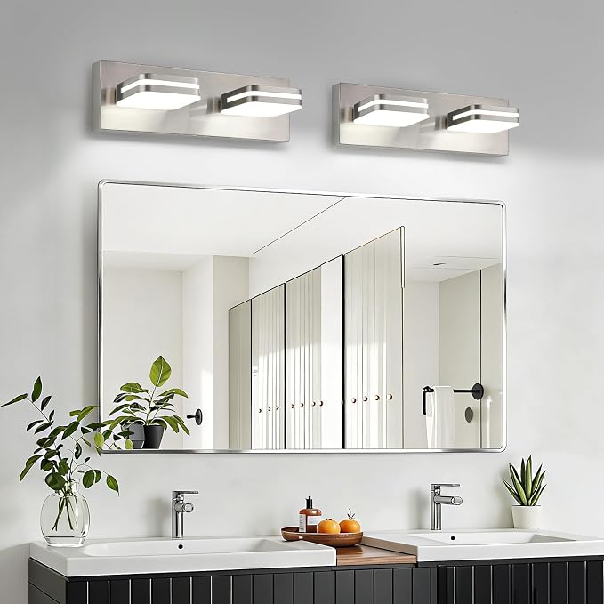 Torondo 360° Rotate LED Bathroom Vanity Light Fixtures, Acrylic Vanity Lights for Bathroom, Modern Wall Lighting Fixtures Over Mirror Living, Brushed Nickel, Natural White, 2-Light, 14-Inch