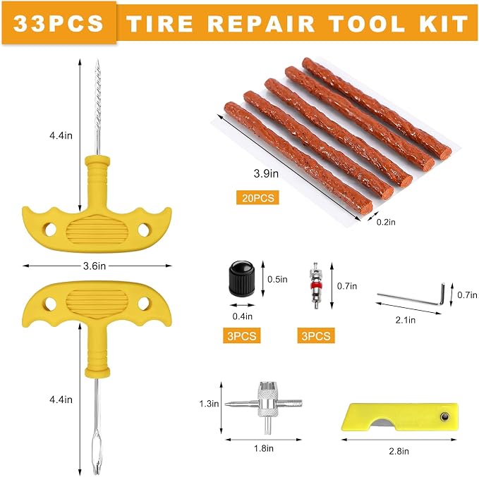 33 PCS Tire Repair Kit, Heavy Duty Car Emergency Tools to Fix Punctures and Plug Flats Patch, Universal Tire Puncture Repair Tool for Most Cars Motorcycles Trucks Tractors