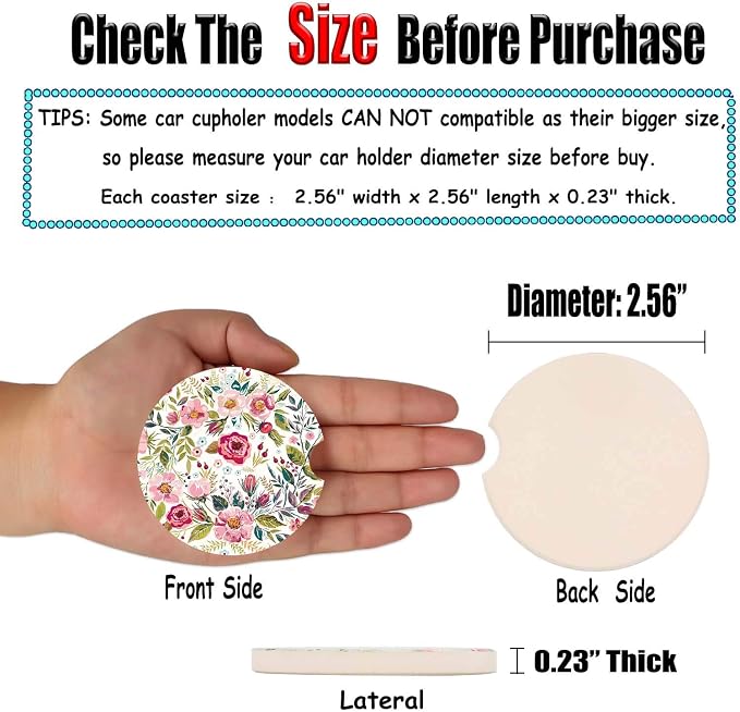 Car Coasters for Women 2 Pack Mother's Day, Auto Small 2.56" Auto Ceramic Coasters for Cup Holders, Absorb Spills to Keep Cupholders Clean, Easy Removal(Flower)