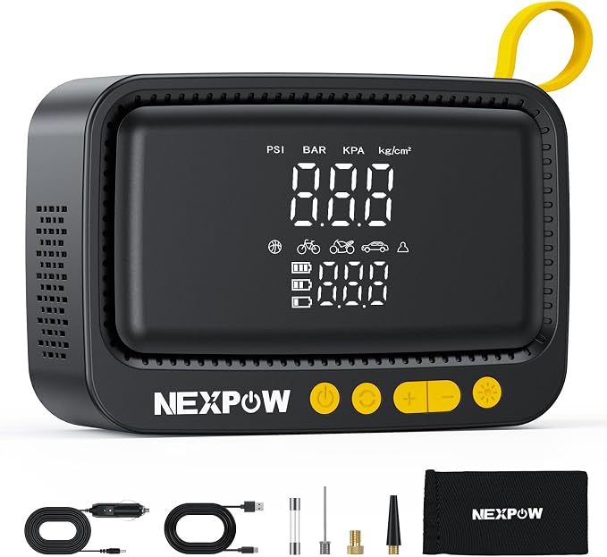 NEXPOW Tire Inflator Portable Air Compressor, 150 PSI, Yellow | Air Pump for Car Tires, Digital Pressure Gauge & Auto Shut-Off, For Car, Motorcycle, Bicycle, Balls