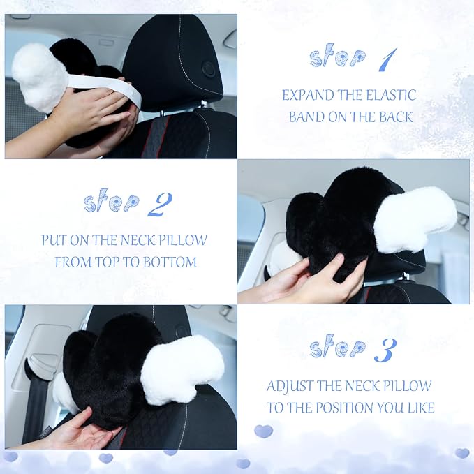 Macarrie 2 Pcs Plush Heart Shaped Pillow with Angel Wings Car Headrest Soft Comfortable Seat Pillow for Driving Travelling Room Office Car Decor, 19.7 x 8.3 Inch(Black)