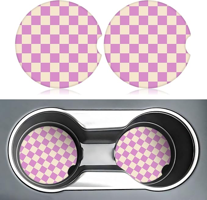 Purple Checkered Car Coasters for Cup Holders,2 Pack Car Cup Holder Coasters for Car,Ceramic Absorbent Car Coaster with A Finger Notch and Cork Base,Car Interior Accessories for Women Men