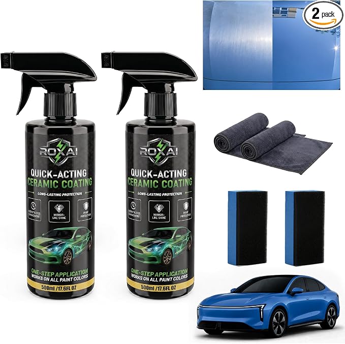 ROXAI 2PCS Car Coating Spray,Hydrophobic Ceramic Spray Wax for Paint Protection, Quick Detailer Waterless Wash & Sealant, Adds Gloss & Smoothness, Long-Lasting Shine for Cars, Trucks, SUVs