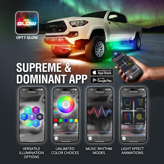 OPT7 Aura DreamColor Underglow Chasing Lights for Truck with APP & Remote | Waterproof Aluminum Frame, RGB-IC LED Bar, Rainbow Ground Effects, Exterior Off Road Accent Lighting, 12V Pickup Accessories