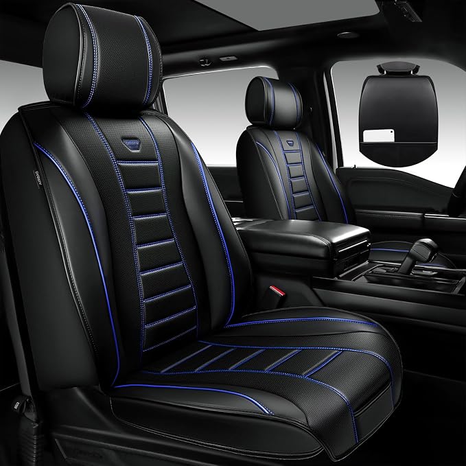 CAR PASS Nappa Leather Seat Covers, Universal FIT Piping Leather Car Seat Cover Full Set for Cars,SUV,Truck 3D Foam Waterproof Leather Seat Covers 5 Luxury Comfy Durable Airbag Compatible Black Blue