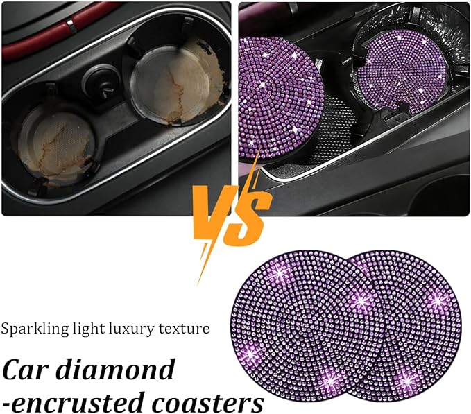 27PCS Bling Car Accessories Set for Women, 14.5-15" Rhinestone Steering Wheel Cover Cup Coaster, USB Charger Phone Holder Headrest Hook, Diamond Auto Decor, Universal Fit (Light Purple)