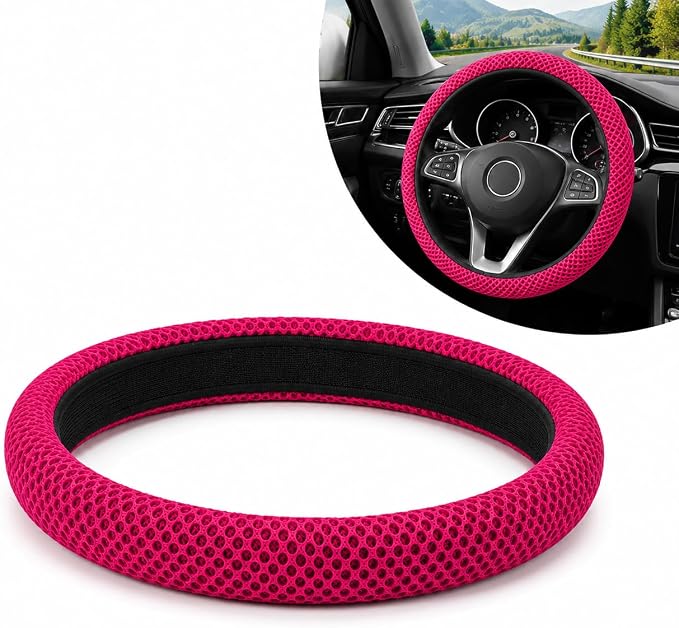 Breathable Elastic Steering Wheel Cover,15 Inch Stretch Steering Wheel Protector,Microfiber Ice Silk Anti-Slip Car Wheel Cover,Odorless Comfort Grip Interior Accessory for Cars SUV Truck（Rose Red）