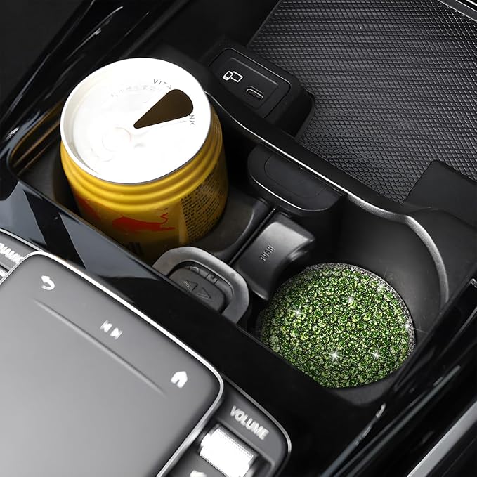 Bling Car Cup Holder Coaster, 2PCS 2.75 Inch Crystal Rhinestone Anti Slip Vehicle Drink Cup Mat for Women Girls, Auto Interior Embedded in Ornaments. Universal for SUV RV Truck (Green)