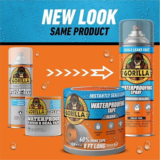 Gorilla Waterproofing Spray Clear, Flexible Rubberized Sealant Coating, Paintable UV Resistant, Seals Water Air Moisture, 14 oz (Pack of 1), for Roofs Gutters Skylights RVs Windows & More