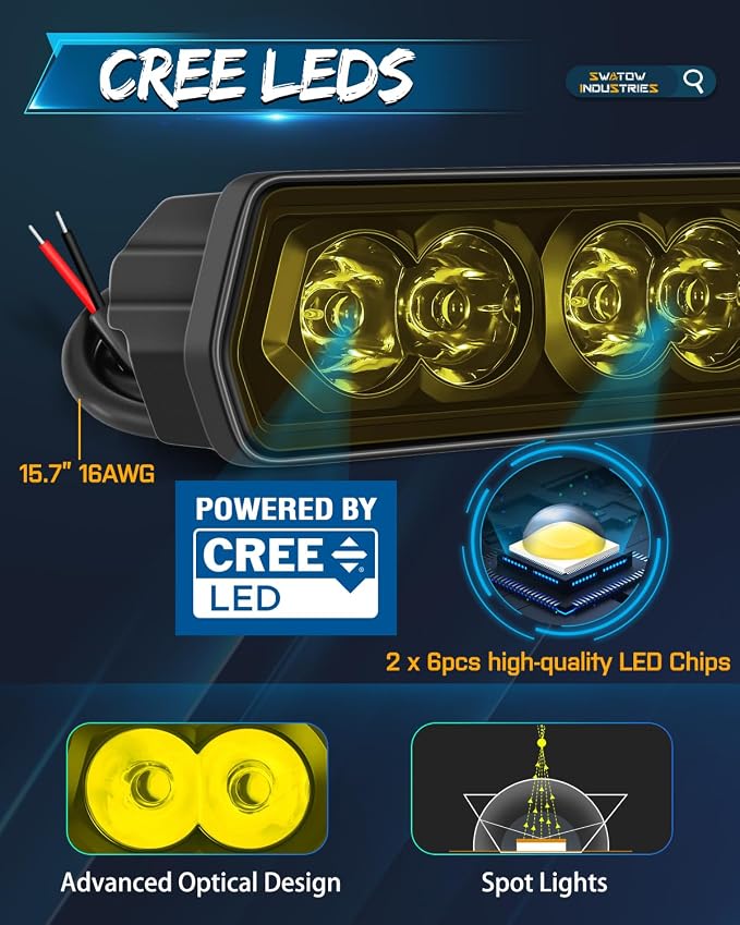 6 Inch Light Bar Yellow, SWATOW INDUSTRIES 6" CREE LED Pods Spot Bumper Mount Work Lights Ditch Pod Lights Yellow Fog Lights for Wrangler F150 Toyota Truck Pickup SUV UTV ATV