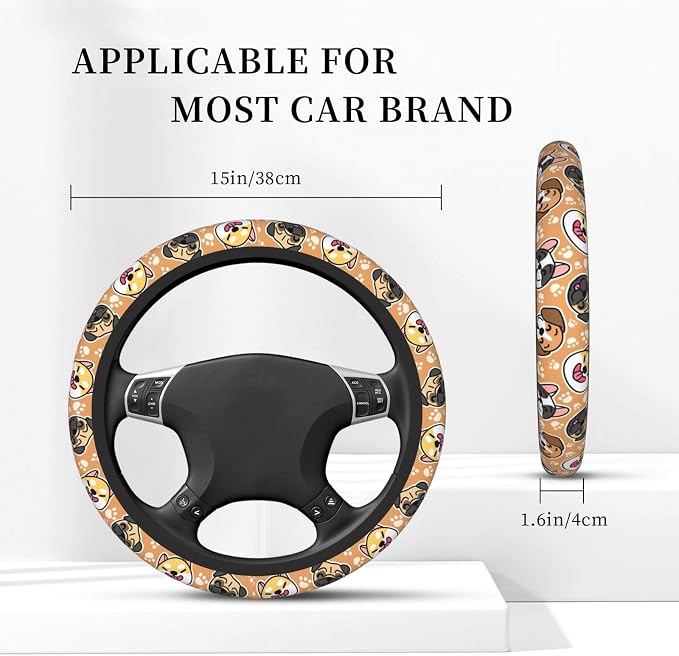 Cute Dog Print Neoprene Steering Wheel Cover Anti-Slip Elastic Pet Face Steering Wheel Protective Cover 15in Universal Car Accessories Fit Cars, SUVs, Auto