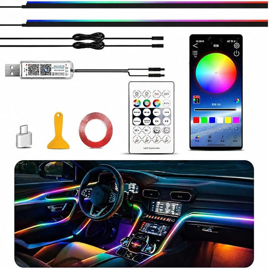 Car Interior Ambient Lighting Kit, Acrylic LED Strip Lights 43.3in 2 in 1, APP & Remote Control, RGB Music Sync Neon Light, USB Powered Flexible Car Lights for Dashboard, Door, Universal Fit