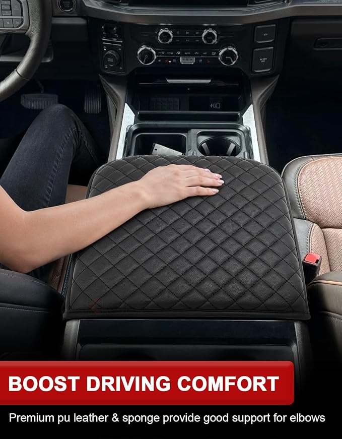 KBH Center Console Armrest Cover for 2023 2024 2025 2026 Ford F250 F350 F450 F550 Super Duty, Vinyl Leather Trim, Arm Rest Lid Cushion Protector, Anti-Scratch, Black (Fits Bucket Seat Console Only)