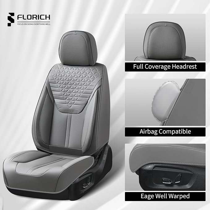 FLORICH Car Seat Covers for Full Set, Universal Seat Cushion 5 Seats, Car Seat Protector Waterproof, Premium Leather Automotive Seat Covers for Most Cars, Sedans, SUVs, and Trucks-Gray