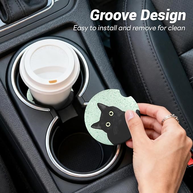 Car Cup Holder Ceramic Coasters 2 Pack, 2.56 in Anti Slip Absorbent Coaster with Cork Base and Finger Notch, Funny Cute Car Accessories Interior for Women, Terrazzo Black Cat
