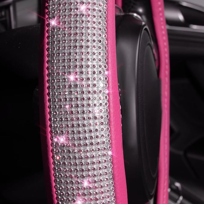 CAR PASS Bling Diamond Leather Steering Wheel Cover, with Bling Sparkly Crystal Glitter Rhinestones Universal Fit 13" 1/2-14" Car Wheel Protector for Women Girl Fit Suvs,Vans,Sedans,Car,Trucks, Pink