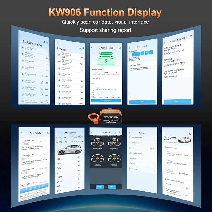 KONNWEI KW906 Bluetooth OBD2 Scanner Car Diagnostic Tool Engine Code Reader | Wireless OBD2 Scanner, Check Engine Fault Code Reader, Live Data, Battery Test, Universal Diagnostic Tool For iOS & Android