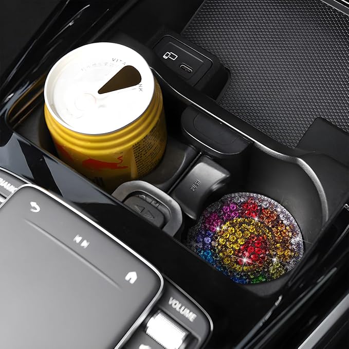 Bling Car Cup Holder Coaster, 2PCS 2.75 Inch Crystal Rhinestone Anti Slip Vehicle Drink Cup Mat for Women Girls, Auto Interior Embedded in Ornaments. Universal for SUV RV Truck (Sunflower)