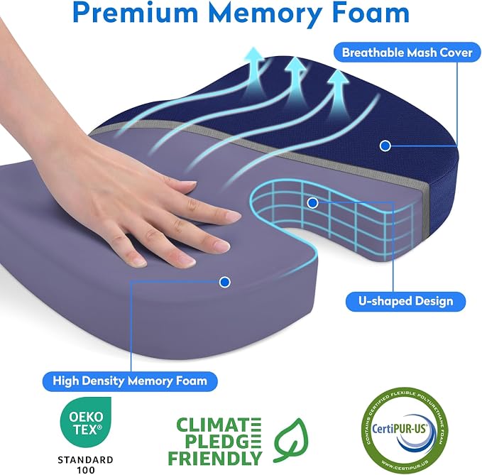 CushZone Office Chair Cushions, Memory Foam Coccyx Cushion for Tailbone Pain Office Chair Car Seat, Sciatica, Coccyx, Lower Back Pain Relief (Blue)