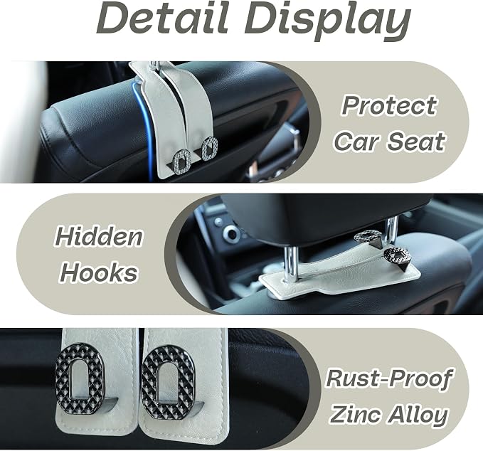 Car Headrest Hooks Universal Car Purse Hook Premium Leather and Alloy Twin Hook Car Seat Back Storage Hanger Hook for Purse Bags Cloth Drink Durable Holder Car Accessories (BH09-White-Black-4 Pcs)