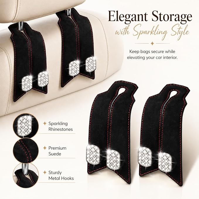 2Pcs Bling Car Headrest Hooks, Premium Leather & Sparkling Rhinestone Dual Metal Hooks, Back Seat Organizer for Bags, Coats, Purses and Groceries (Crystal Black)