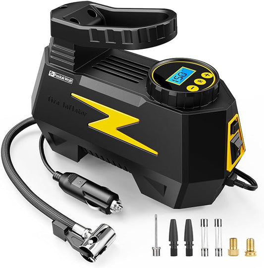 FADAKWALT Tire Inflator Portable Air Compressor, 12V DC Car Air Pump with Auto Shutoff, 150 PSI Digital Gauge, LED Light, Metal Valve Connector, Accessories for Cars, Yellow
