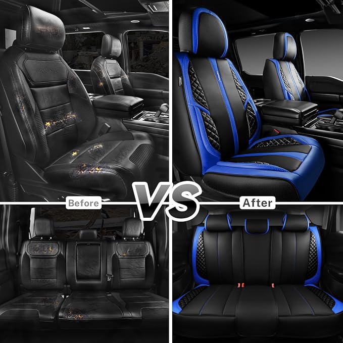CAR PASS Nappa PU Leather Car Seat Covers Full Set Waterproof Protector Durable Cushioned,Universal Fit for Sedan SUV Pick-up Truck,Automotive, Anti-Slip and Backseat Luxury Premium(Black and Blue)