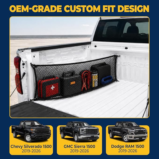 Side Cargo Net for GMC Sierra, Chevy Silverado, Dodge RAM 1500 2019-2026 | Heavy Duty Mesh Tailgate Net for Tools,Groceries,Keeping Truck Beds Tidy. Firm Grip Prevents Cargo From Sliding While Driving
