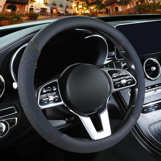 3D Slim Soft 14 inch Leather Steering Wheel Cover Black with Blue | Breathable Anti-Slip Premium Skin-Feel Perforated Thin Nappa Leather, Small 13.5 inch to 14 inch