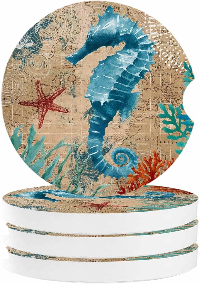 Small Car Coasters for Cup Holders 2.65" Absorbent 4 Pack Car Coaster Ceramic Stone for Drinks Absorb Water Drops Nautical Theme Sea Life Seahorse Starfish and Seaweed