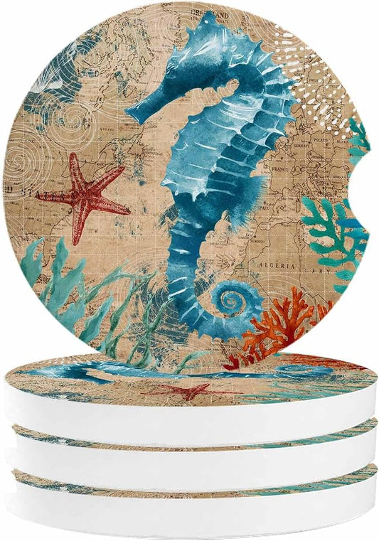 Small Car Coasters for Cup Holders 2.65" Absorbent 4 Pack Car Coaster Ceramic Stone for Drinks Absorb Water Drops Nautical Theme Sea Life Seahorse Starfish and Seaweed