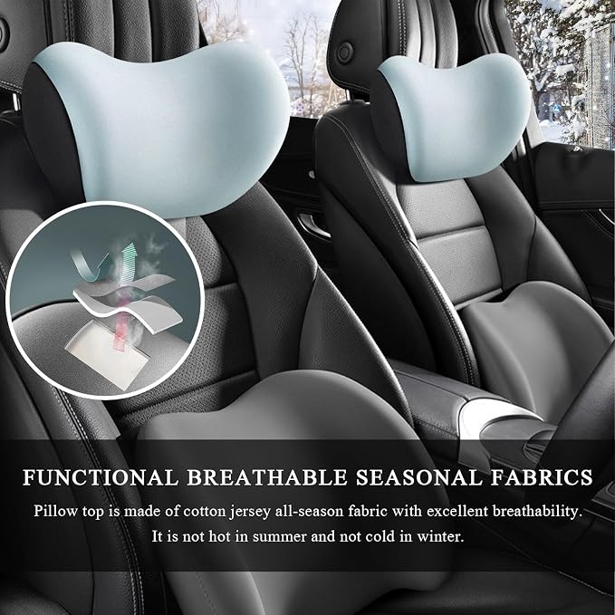 2 PCS Car Headrest Cushion, Ergonomic Memory Foam Car Neck Back Support w/Removable Cover, Universal Breathable Lumbar Cushion Headrest Pillow with Adjusatble Strap (Sky Blue)