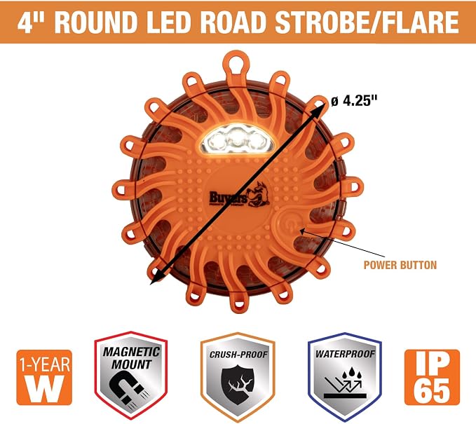 Buyers Products 8891016, 4 Inch Amber Rechargeable LED Road Strobe Flare, 16 LED Warning Light with 9 Flash Patterns, Waterproof Magnetic Emergency Safety Light for Trucks Marine and Roadside Use