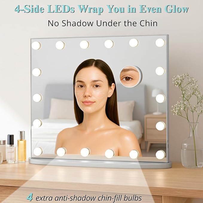 LUXFURNI Vanity Mirror with Lights, 23.6" Hollywood Makeup Mirror Silver | 18 Surround LED Bulbs, 360° Shadow-Free Lighting, 3 Color Modes, USB Charging, Tabletop & Wall Mount for Bedroom Dorm Desk