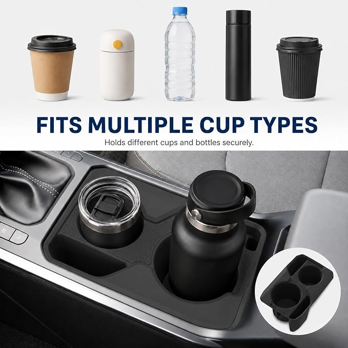 Center Console Cup Holder Insert for Kia K4 2025 2026, Soft Silicone Cup Holder Organizer Tray, Dual Drink Slots, Anti-Slip Interior Storage Bin Accessories, Black