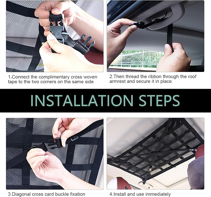 Upgrade Car Ceiling Cargo Net Pocket, 31.5" x 20.9" Double-Layer Mesh Car Roof Storage Organizer, Universal Auto Accessories with Adjustable D-Buckle for SUVs, Road Trips, Camping Essentials
